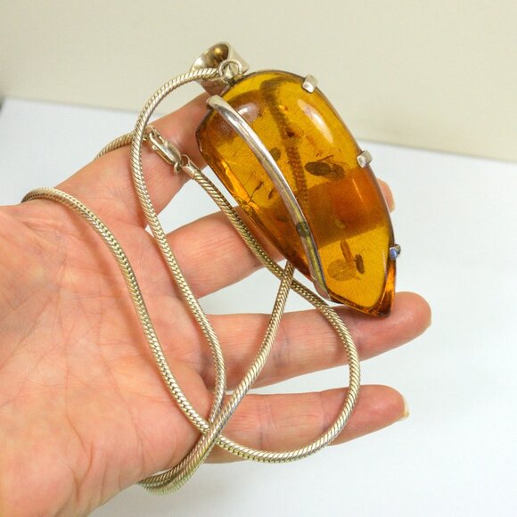 Hue Amber Pendants Set in 925 Silver With Extra Long Snake Chain 29" Rare Gift - Picture 1 of 17